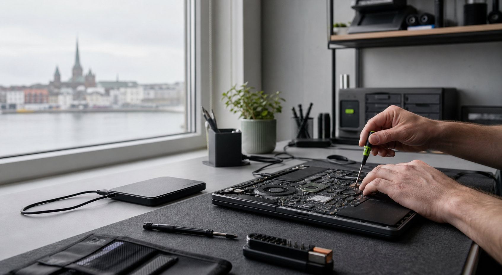 Hände bei der sorgfältigen Reparatur eines geöffneten Laptops in Rostock